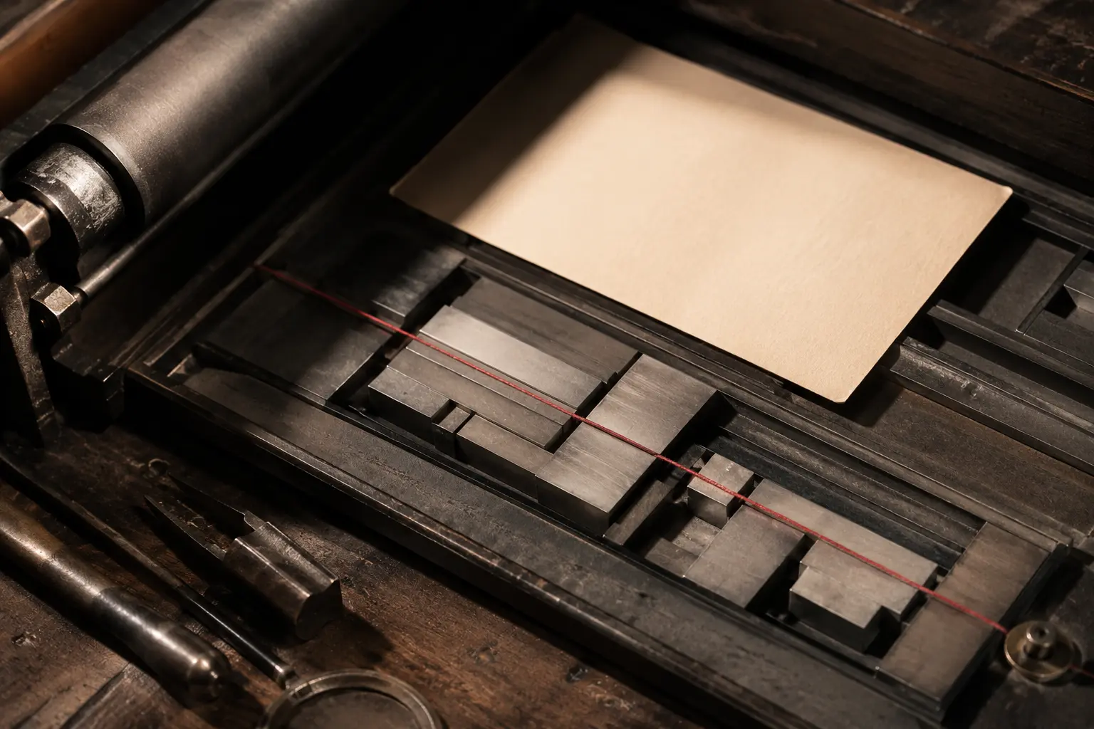Real vintage letterpress blocks and a blank card aligned by a red cotton thread