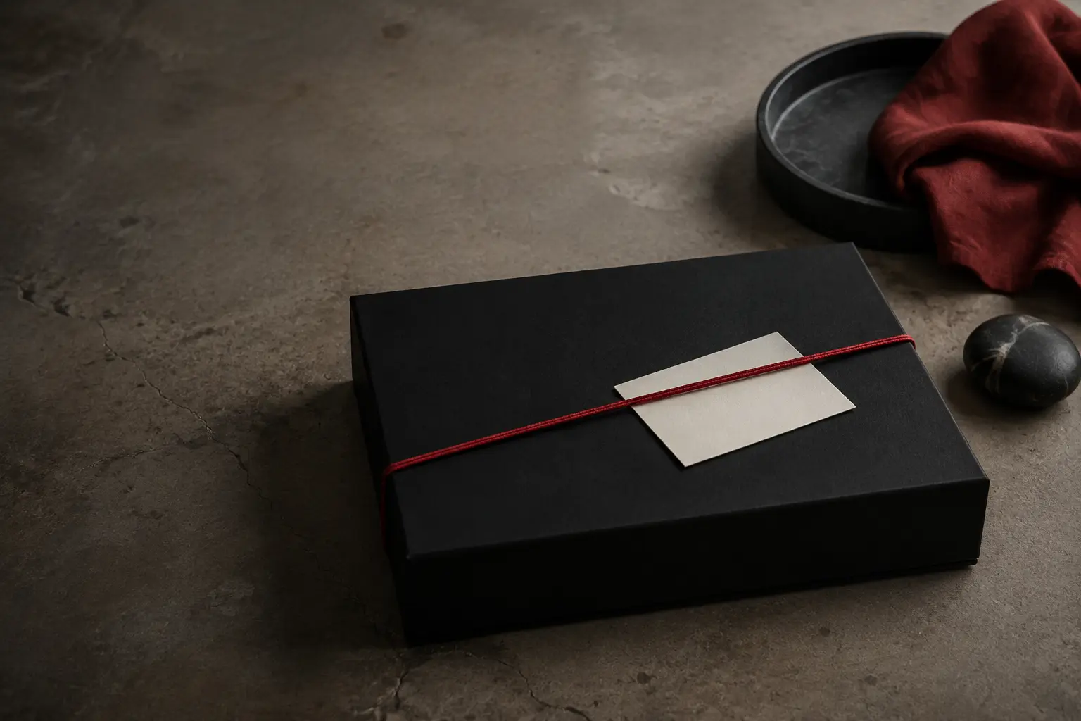 Real blank black portfolio box closed with a red cotton cord and one blank cream card