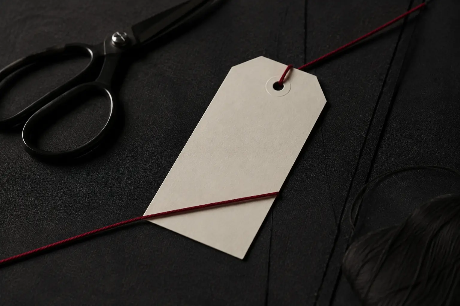 Real blank garment tag with scissors and a red cotton cord on a stone table